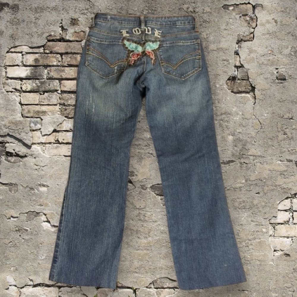 Y2K low rise colorful butterfly embroidered butt Cropped Blue denim Jeans Sz 27